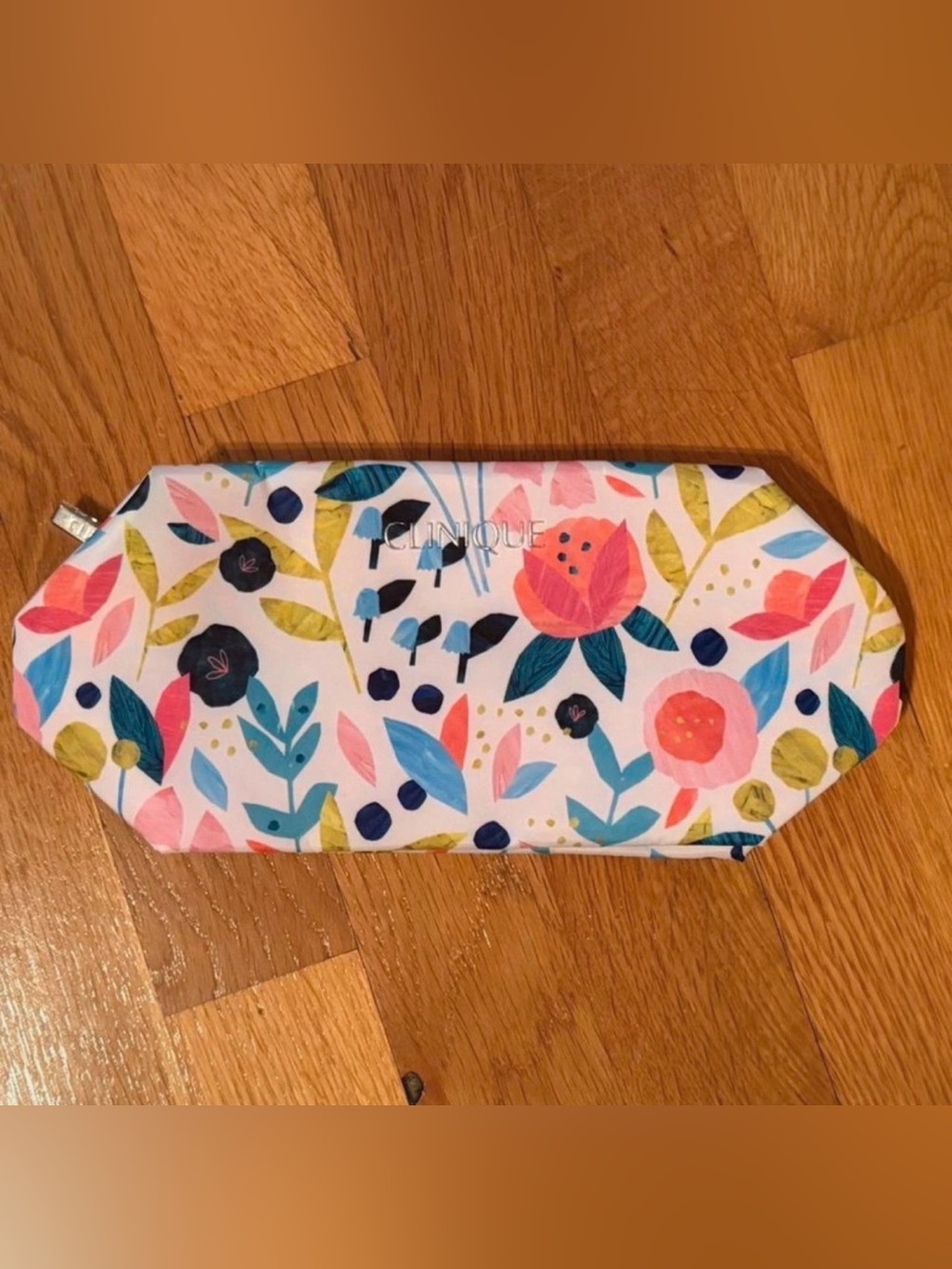 Clinique Floral Makeup Bag in White with Pink, Teal and Navy Accents